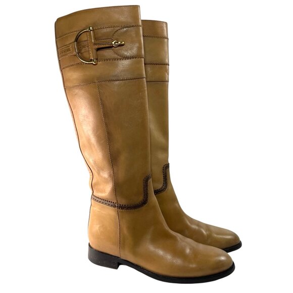 Vintage GUCCI Tan Horsebit Knee High Riding Boots Womens 37 7 B - Picture 1 of 14